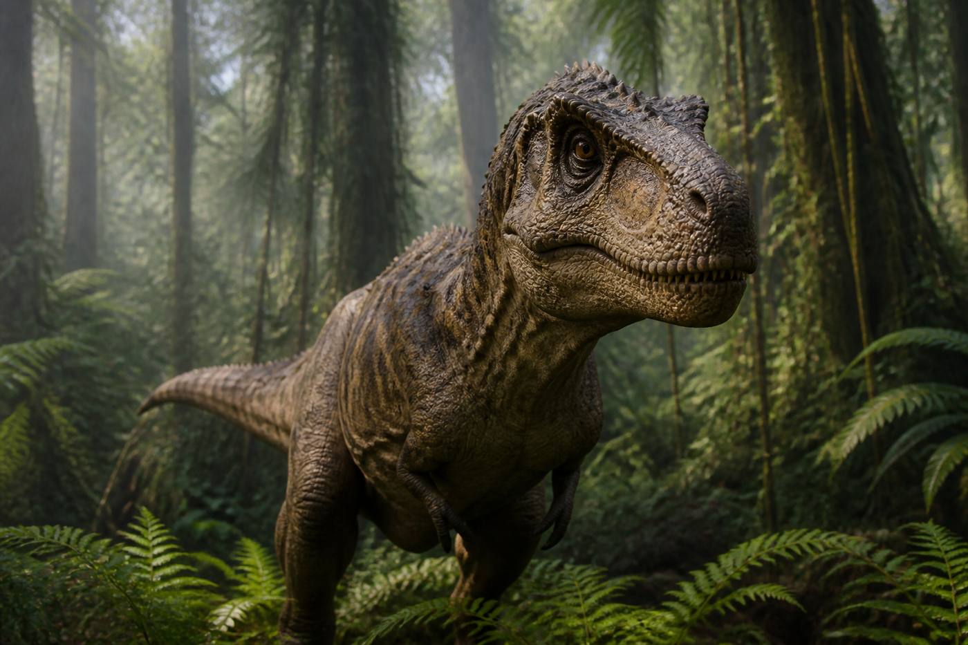 Close view of an alert dinosaur among ferns in the game world