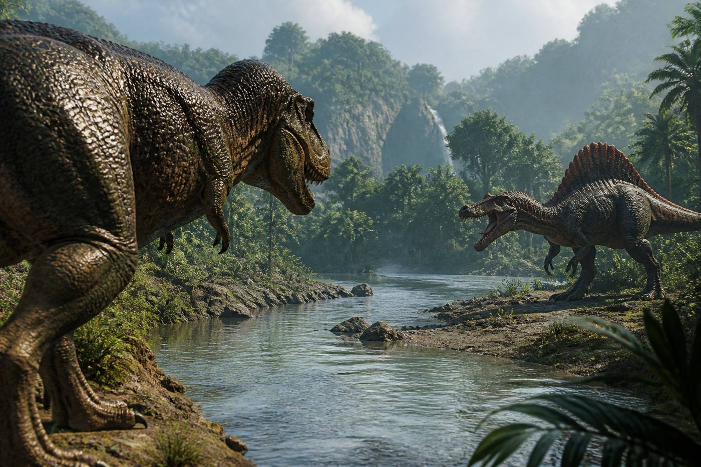 Two living dinosaurs facing off beside a river in open-world jungle